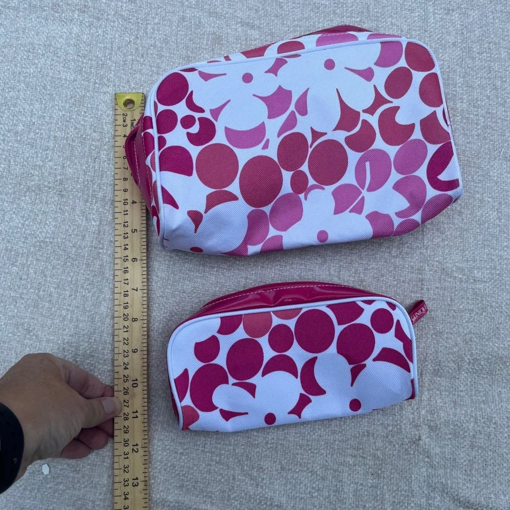 Clinique 2 Piece Makeup Bag Set Pink White Floral Polka Dot Cosmetic Travel Pouc